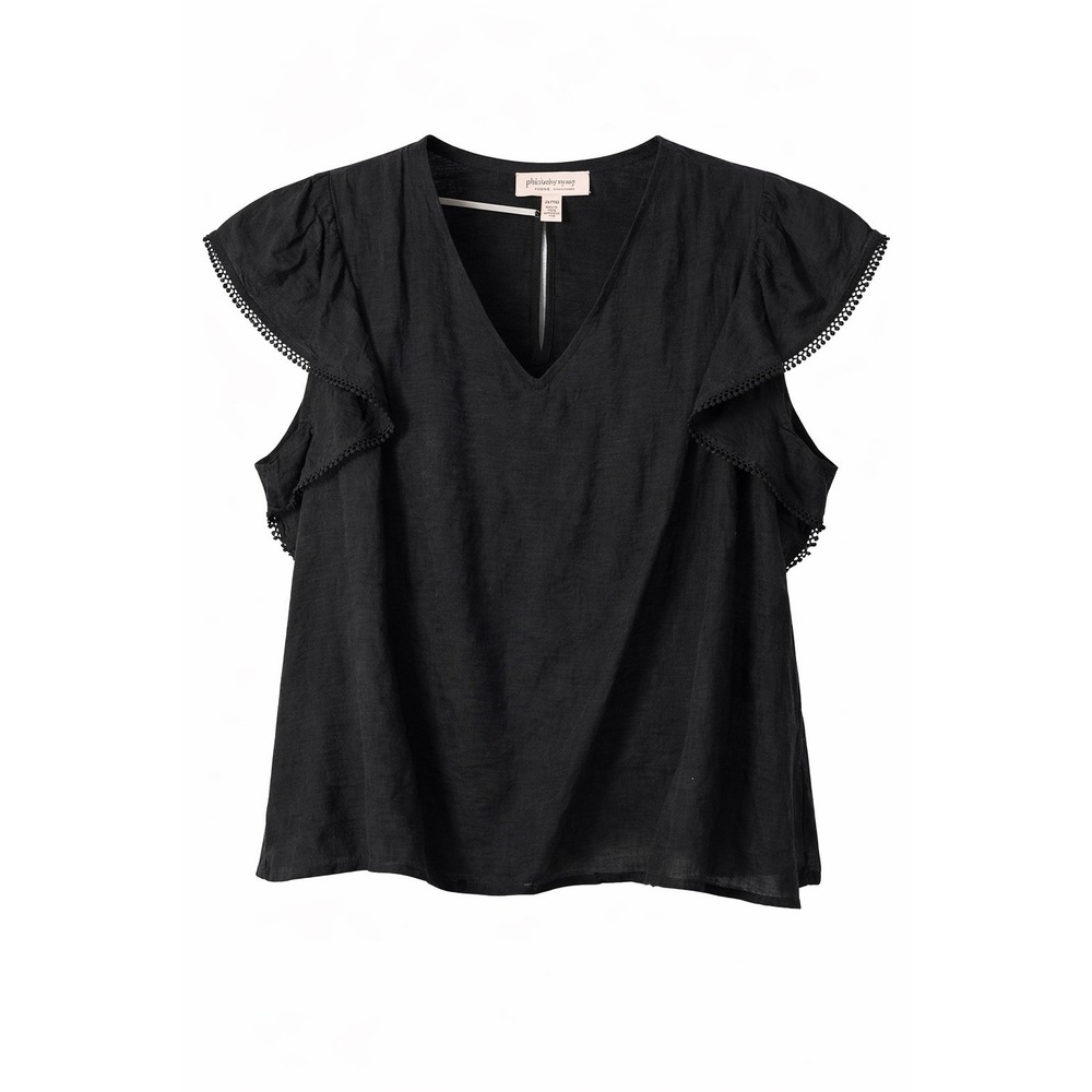 Philosophy Black Flutter Sleeve Blouse 2X Boho Lightweight V Neck Top Flowy Plus